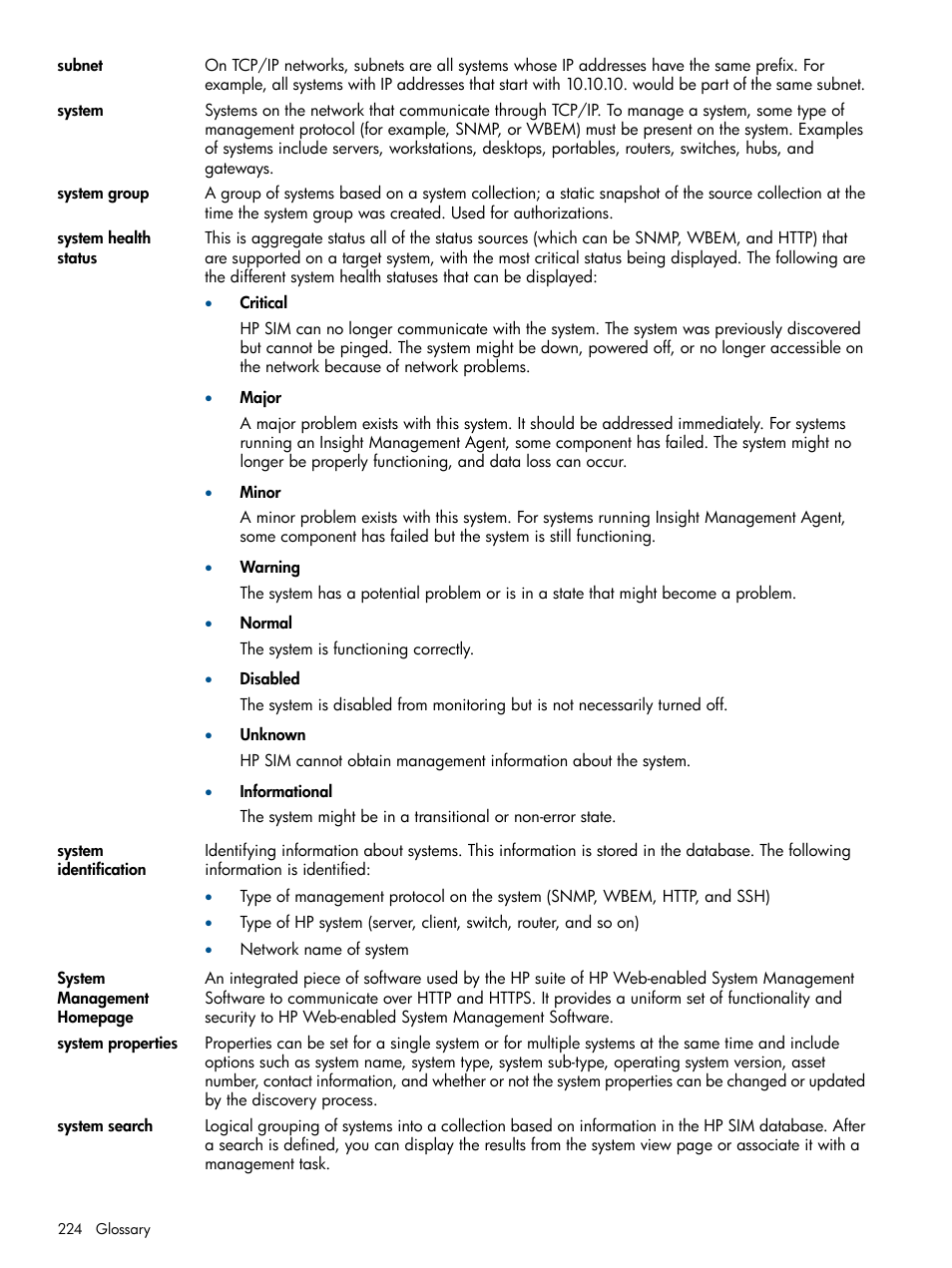 System, System health status, System health | Status, Systems, The health status | HP Systems Insight Manager User Manual | Page 224 / 234