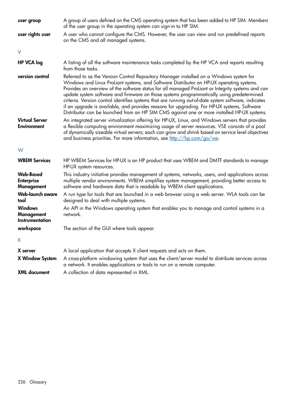 Windows, Management instrumentation, Workspace | User groups, User rights, Version control, Hp vca logs | HP Systems Insight Manager User Manual | Page 226 / 234