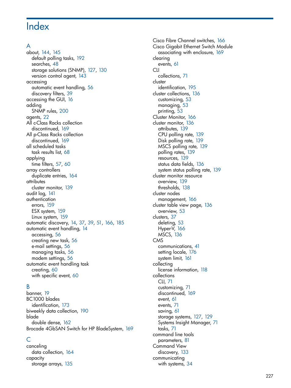 Index | HP Systems Insight Manager User Manual | Page 227 / 234