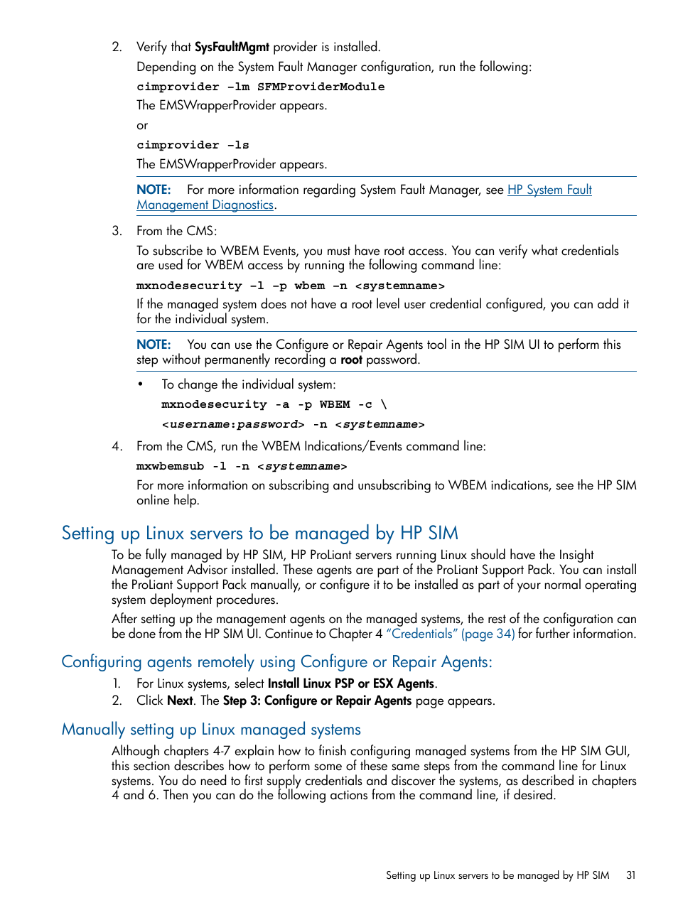 Setting up linux servers to be managed by hp sim, Manually setting up linux managed systems | HP Systems Insight Manager User Manual | Page 31 / 234