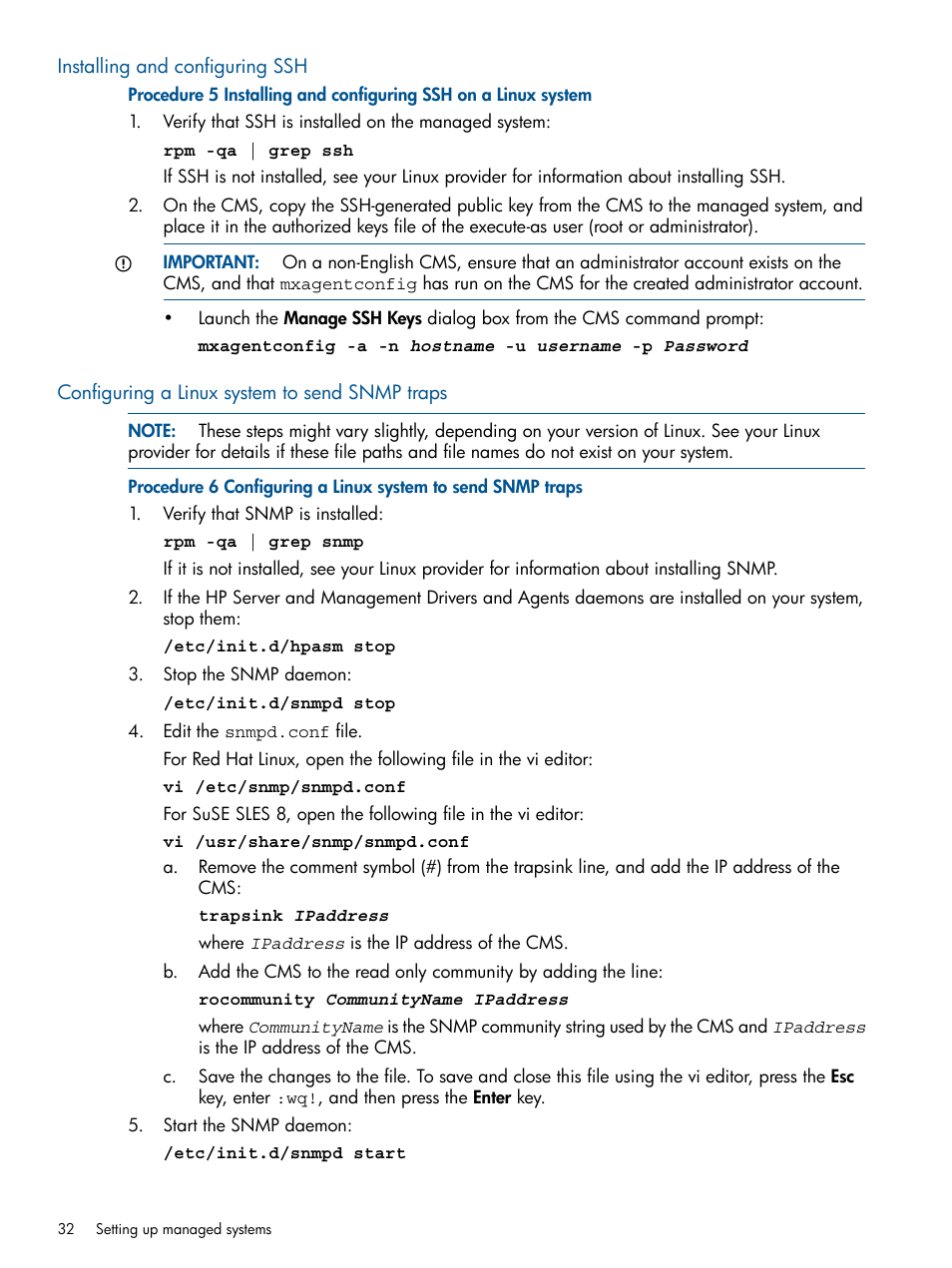 Installing and configuring ssh, Configuring a linux system to send snmp traps | HP Systems Insight Manager User Manual | Page 32 / 234