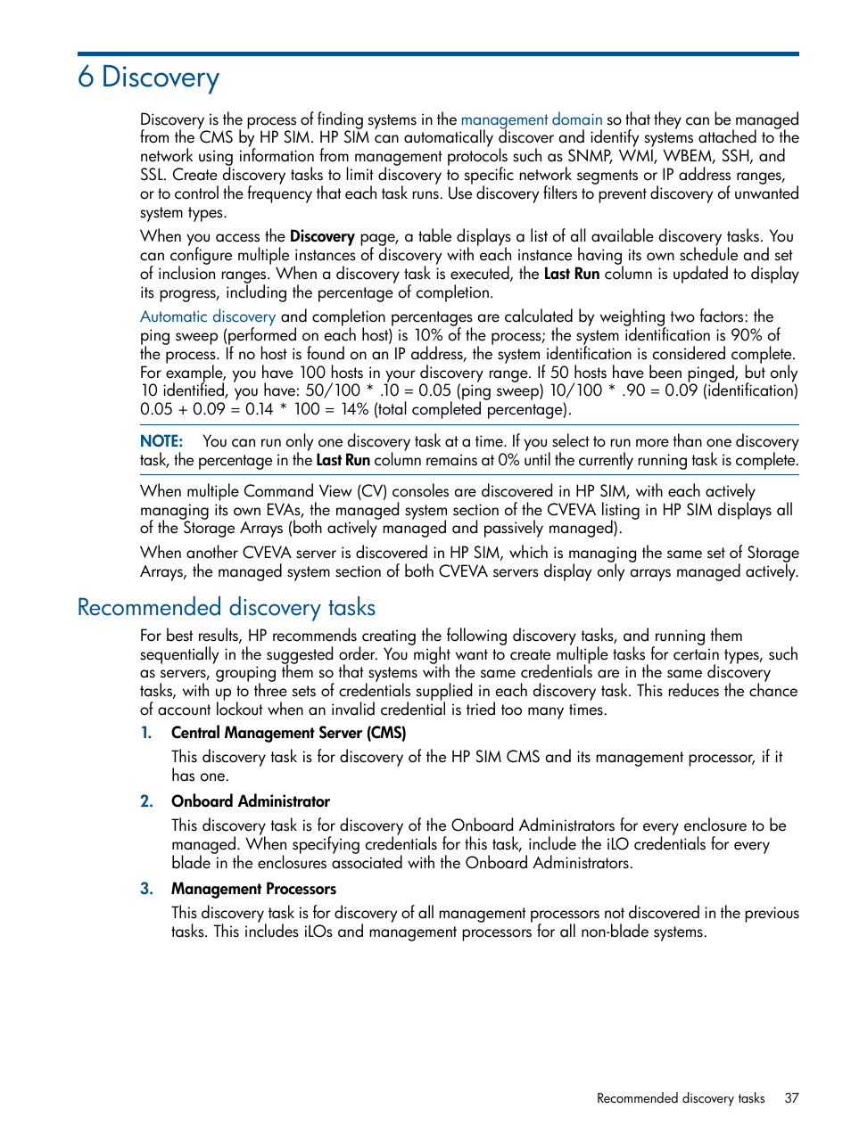 6 discovery, Recommended discovery tasks | HP Systems Insight Manager User Manual | Page 37 / 234