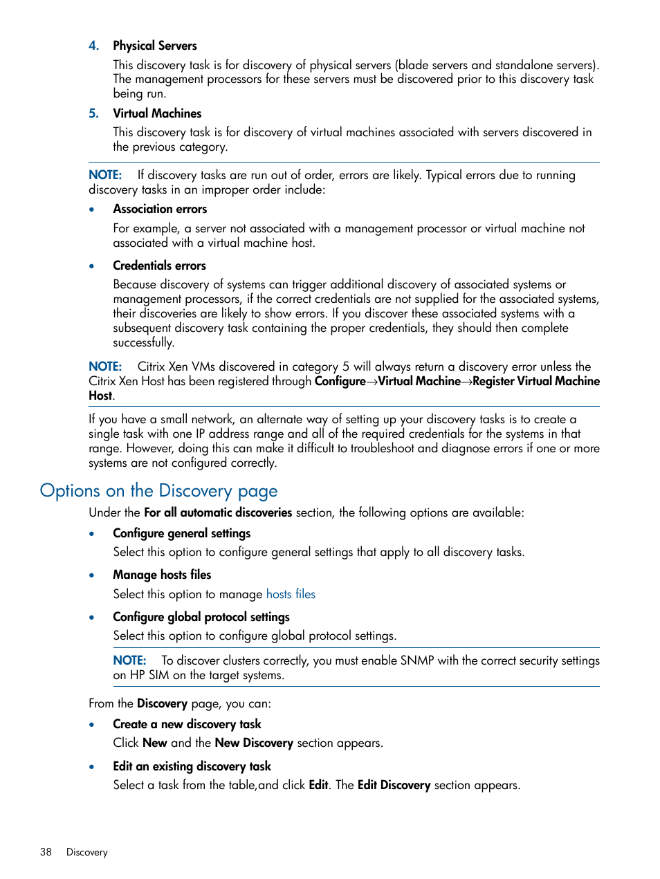 Options on the discovery page | HP Systems Insight Manager User Manual | Page 38 / 234