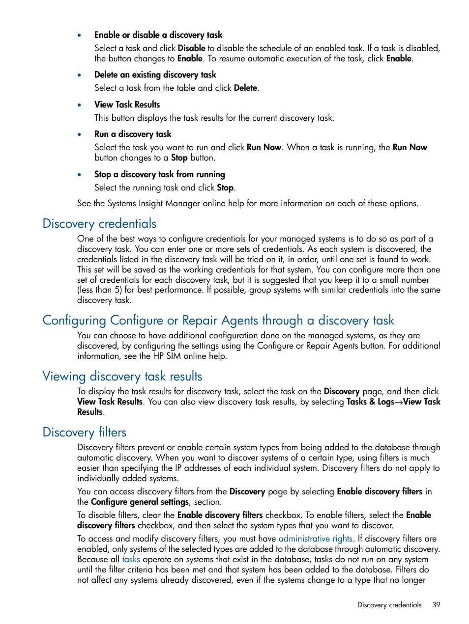 Discovery credentials, Viewing discovery task results, Discovery filters | HP Systems Insight Manager User Manual | Page 39 / 234
