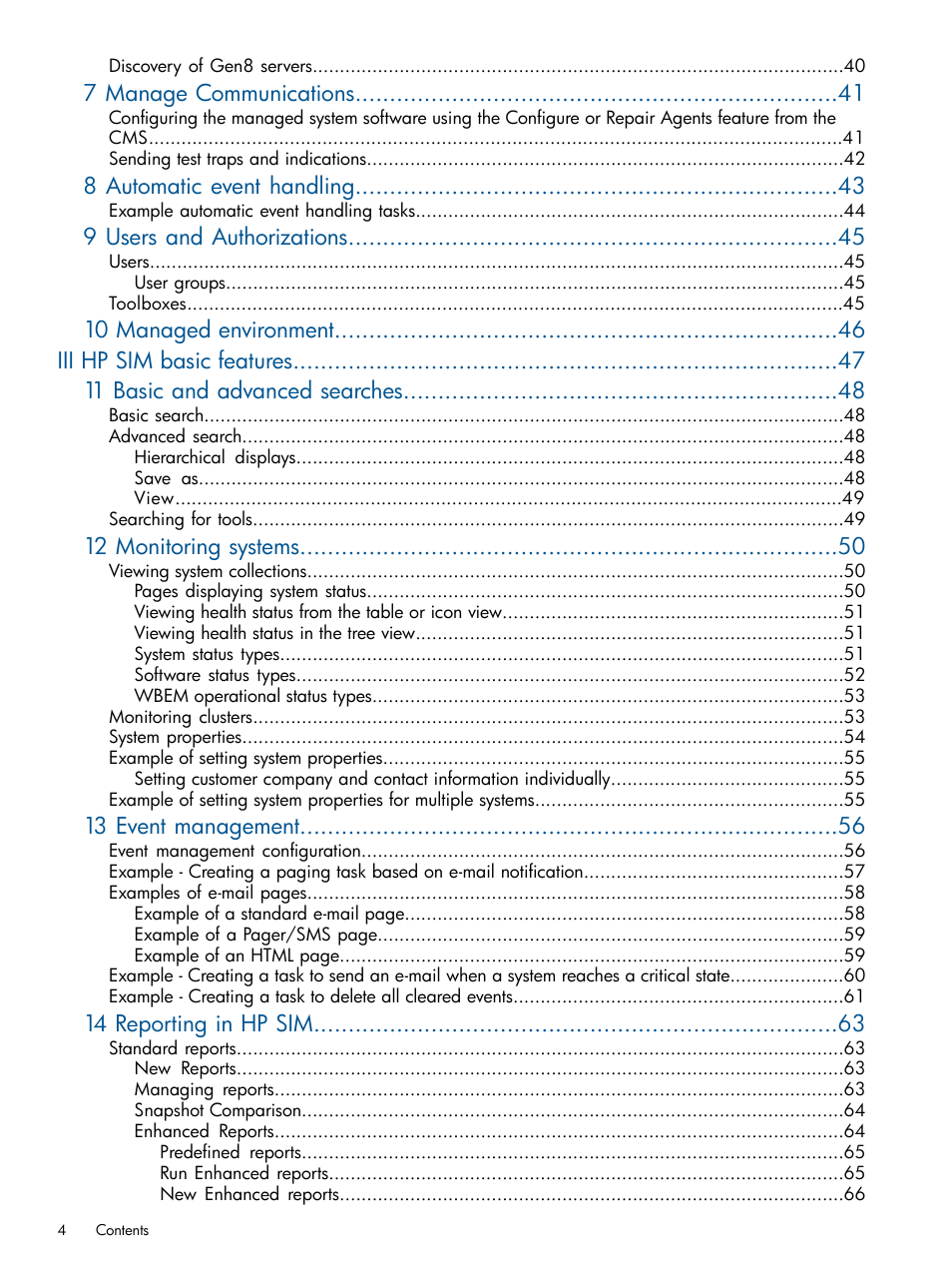 7 manage communications, 8 automatic event handling, 9 users and authorizations | 12 monitoring systems, 13 event management, 14 reporting in hp sim | HP Systems Insight Manager User Manual | Page 4 / 234