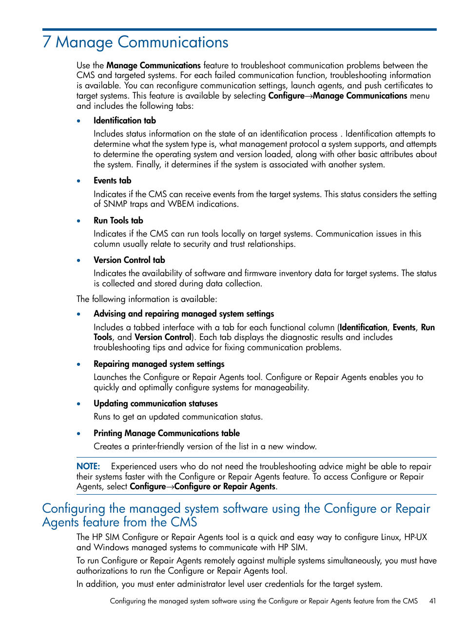 7 manage communications | HP Systems Insight Manager User Manual | Page 41 / 234