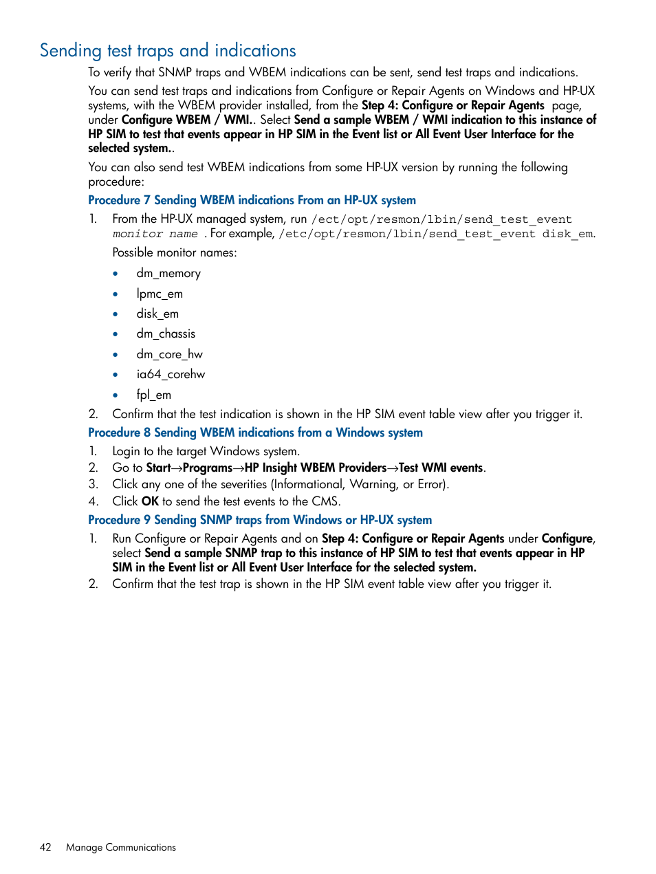 Sending test traps and indications | HP Systems Insight Manager User Manual | Page 42 / 234