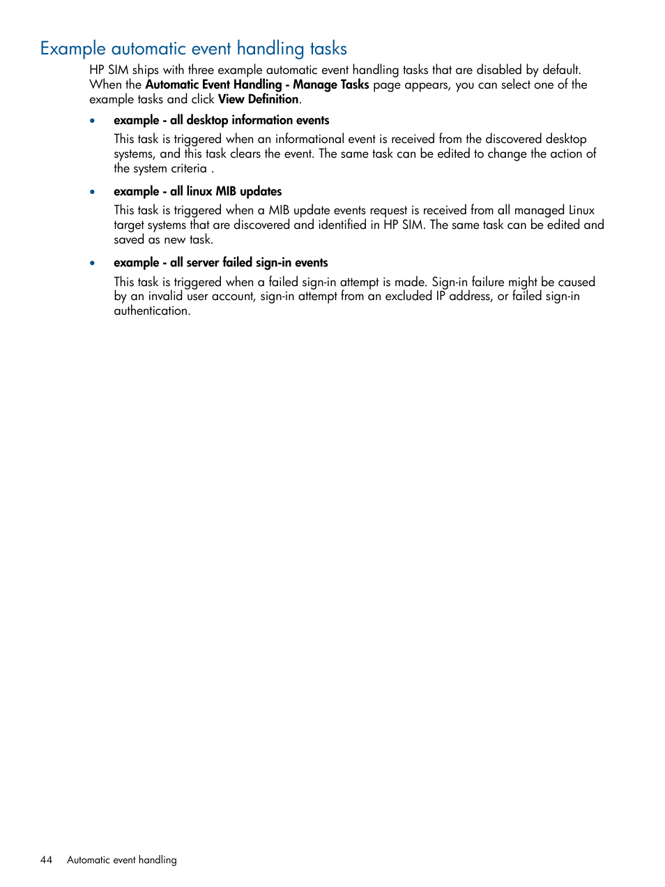 Example automatic event handling tasks | HP Systems Insight Manager User Manual | Page 44 / 234