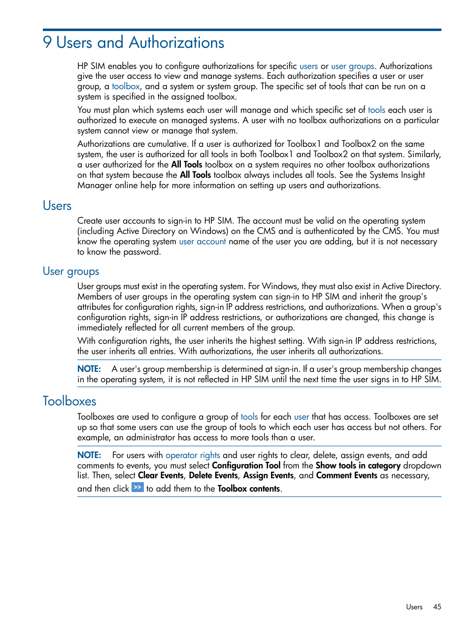 9 users and authorizations, Users, User groups | Toolboxes | HP Systems Insight Manager User Manual | Page 45 / 234