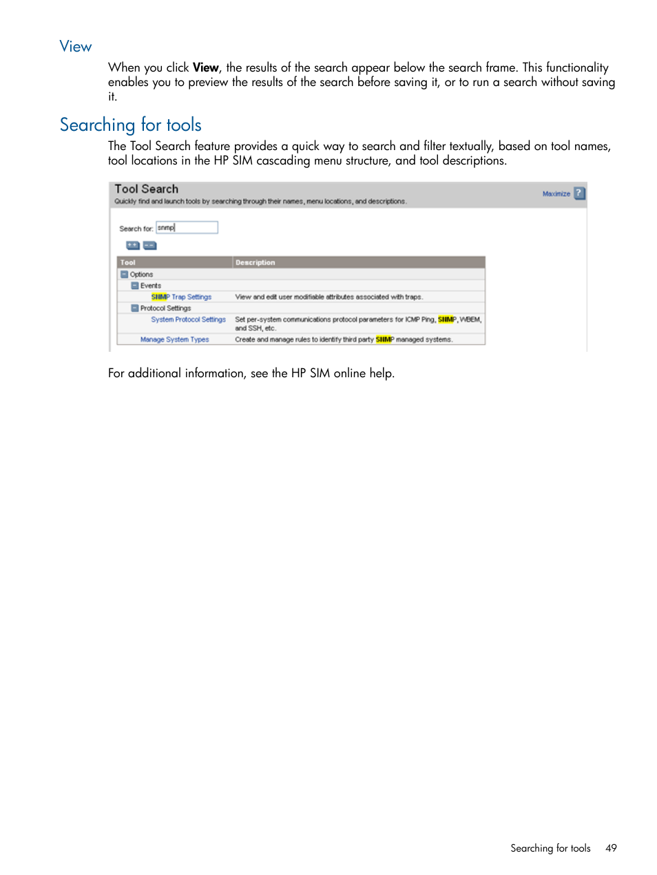 View, Searching for tools | HP Systems Insight Manager User Manual | Page 49 / 234