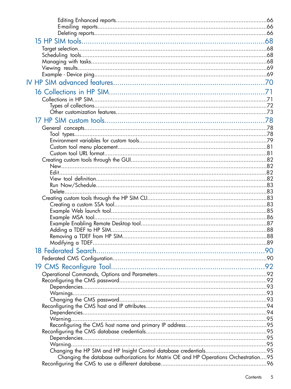 15 hp sim tools, 17 hp sim custom tools, 18 federated search | 19 cms reconfigure tool | HP Systems Insight Manager User Manual | Page 5 / 234