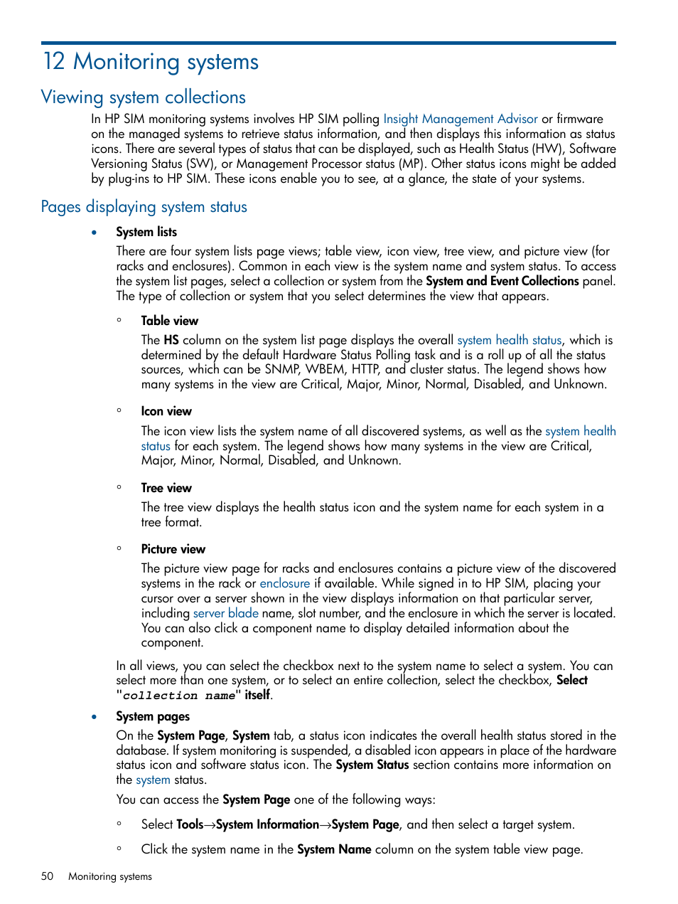 12 monitoring systems, Viewing system collections, Pages displaying system status | HP Systems Insight Manager User Manual | Page 50 / 234