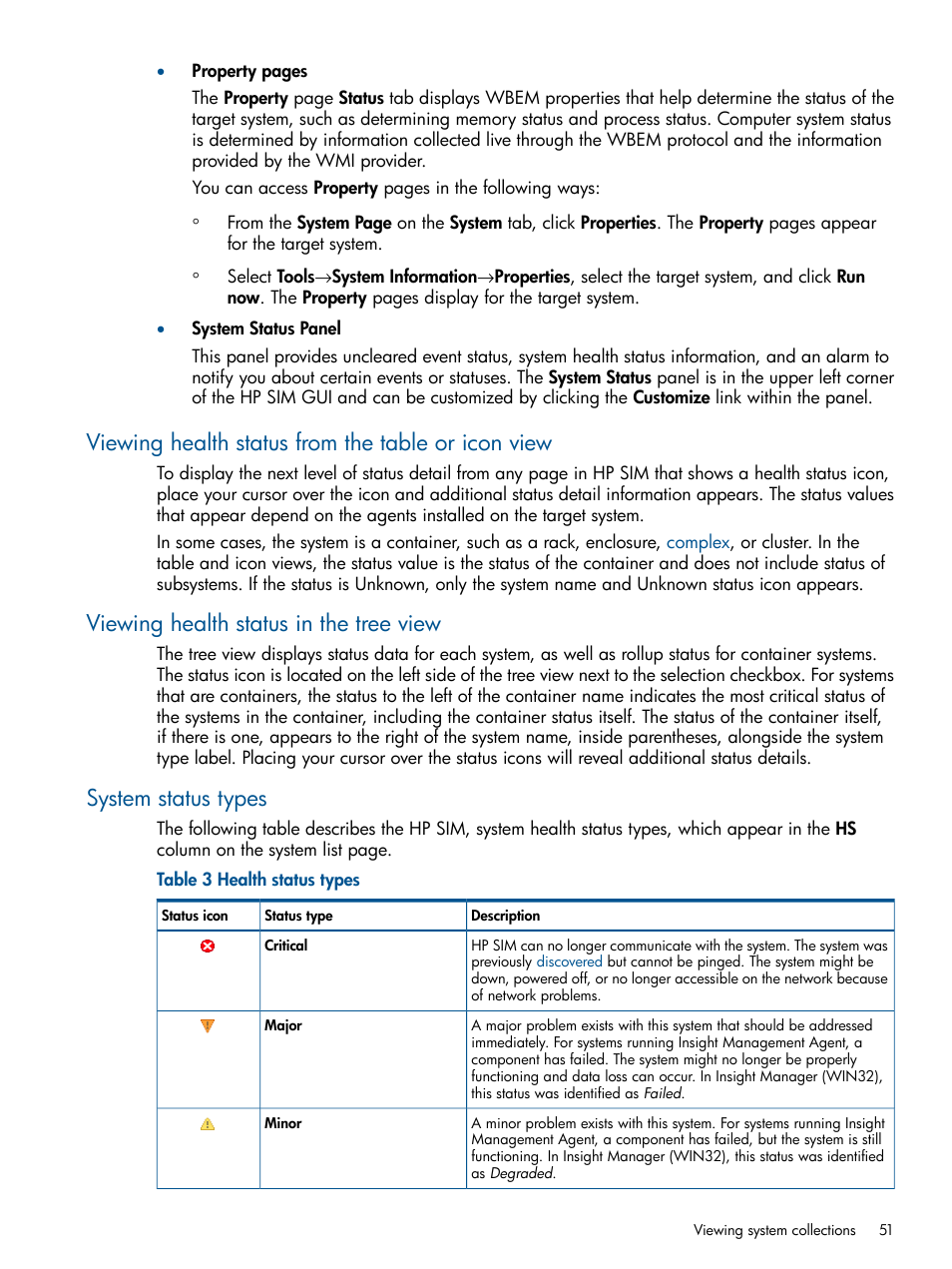 Viewing health status from the table or icon view, Viewing health status in the tree view, System status types | HP Systems Insight Manager User Manual | Page 51 / 234