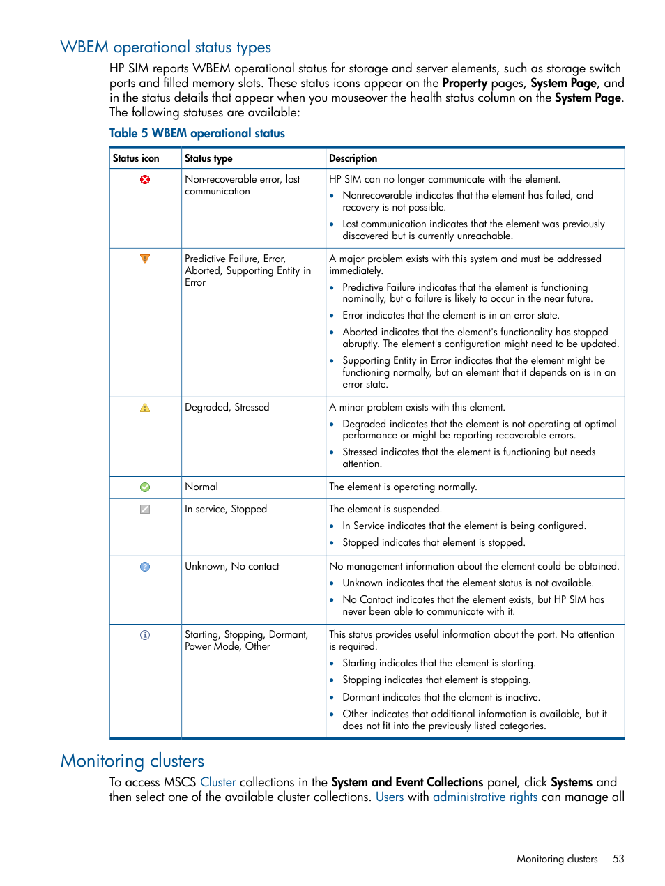 Wbem operational status types, Monitoring clusters | HP Systems Insight Manager User Manual | Page 53 / 234