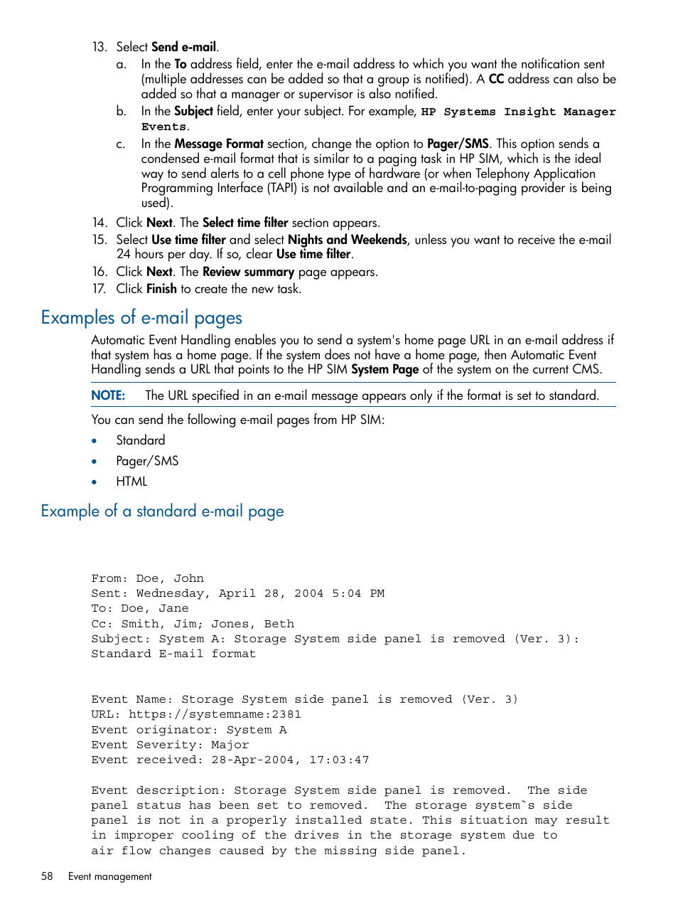 Examples of e-mail pages, Example of a standard e-mail page | HP Systems Insight Manager User Manual | Page 58 / 234