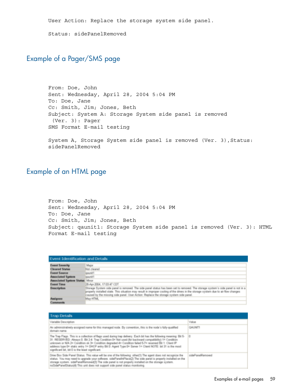 Example of a pager/sms page, Example of an html page | HP Systems Insight Manager User Manual | Page 59 / 234