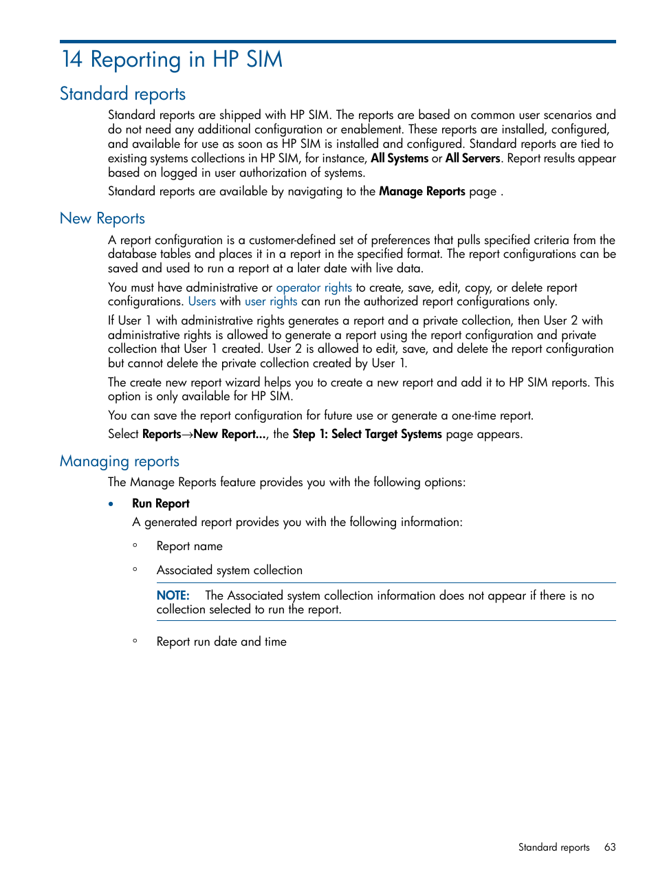 14 reporting in hp sim, Standard reports, New reports | Managing reports, New reports managing reports | HP Systems Insight Manager User Manual | Page 63 / 234