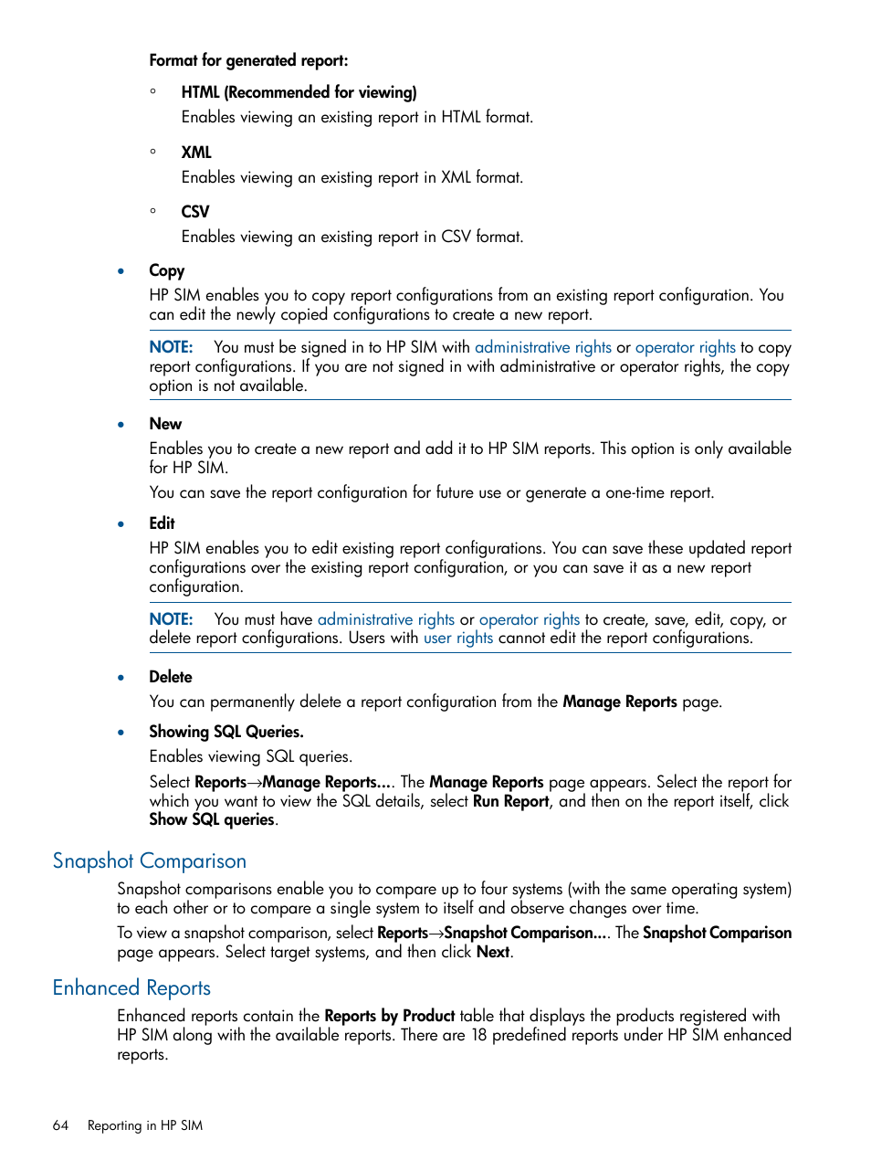 Snapshot comparison, Enhanced reports, Snapshot comparison enhanced reports | HP Systems Insight Manager User Manual | Page 64 / 234