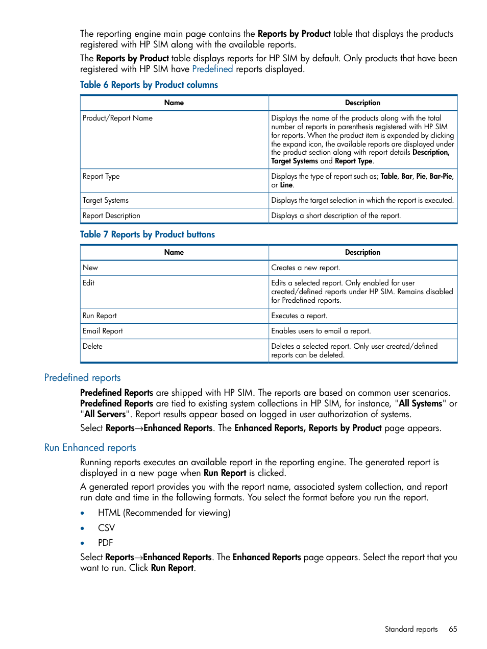 Predefined reports, Run enhanced reports, Predefined reports run enhanced reports | HP Systems Insight Manager User Manual | Page 65 / 234