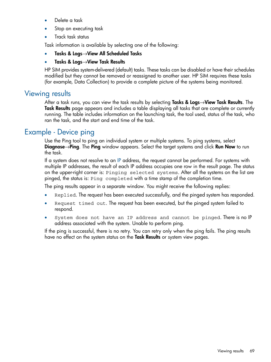 Viewing results, Example - device ping, Viewing results example - device ping | HP Systems Insight Manager User Manual | Page 69 / 234