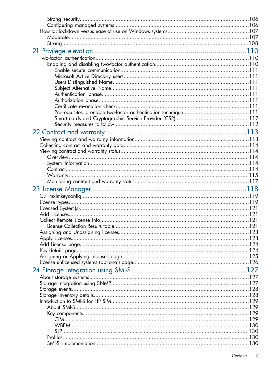 21 privilege elevation, 22 contract and warranty, 23 license manager | 24 storage integration using smi-s | HP Systems Insight Manager User Manual | Page 7 / 234