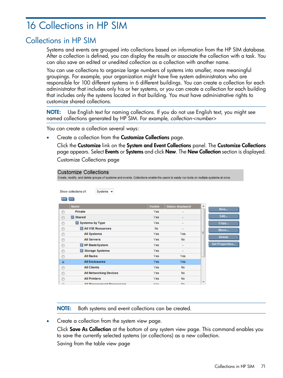16 collections in hp sim, Collections in hp sim | HP Systems Insight Manager User Manual | Page 71 / 234