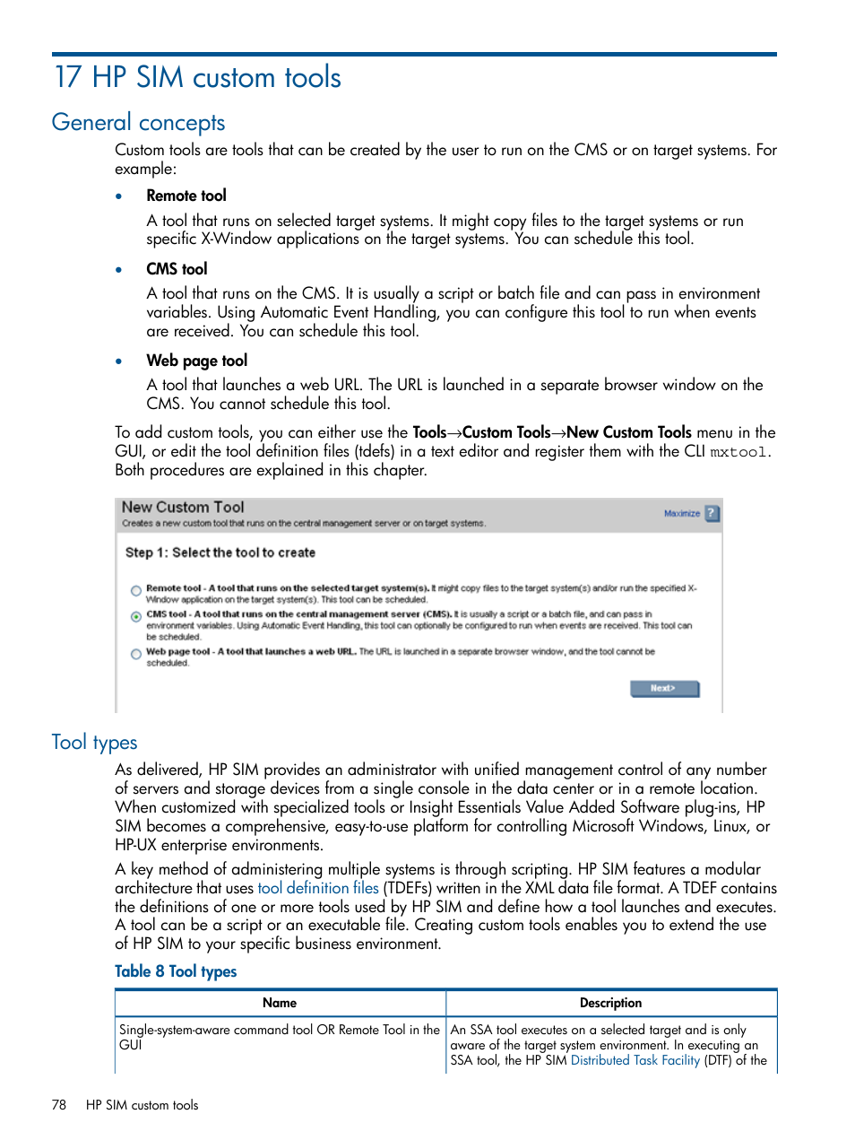 17 hp sim custom tools, General concepts, Tool types | HP Systems Insight Manager User Manual | Page 78 / 234