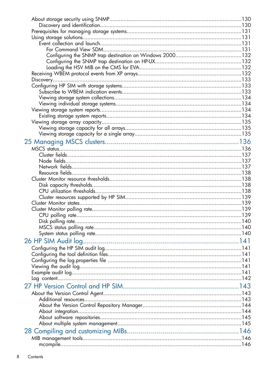 25 managing mscs clusters, 26 hp sim audit log, 27 hp version control and hp sim | 28 compiling and customizing mibs | HP Systems Insight Manager User Manual | Page 8 / 234