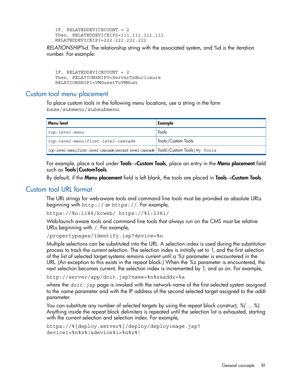 Custom tool menu placement, Custom tool url format, Custom tool menu placement custom tool url format | HP Systems Insight Manager User Manual | Page 81 / 234