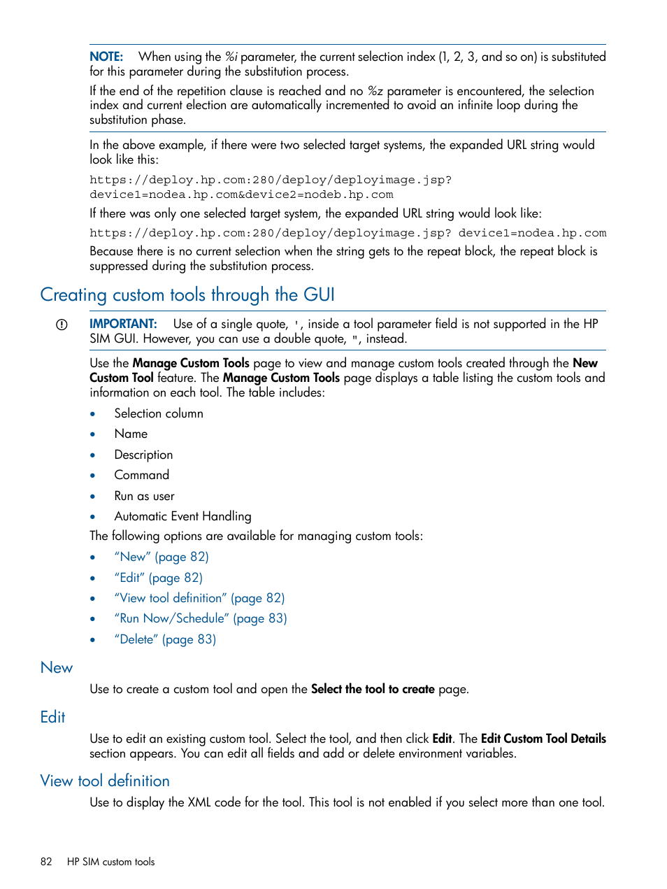 Creating custom tools through the gui, Edit, View tool definition | New edit view tool definition | HP Systems Insight Manager User Manual | Page 82 / 234