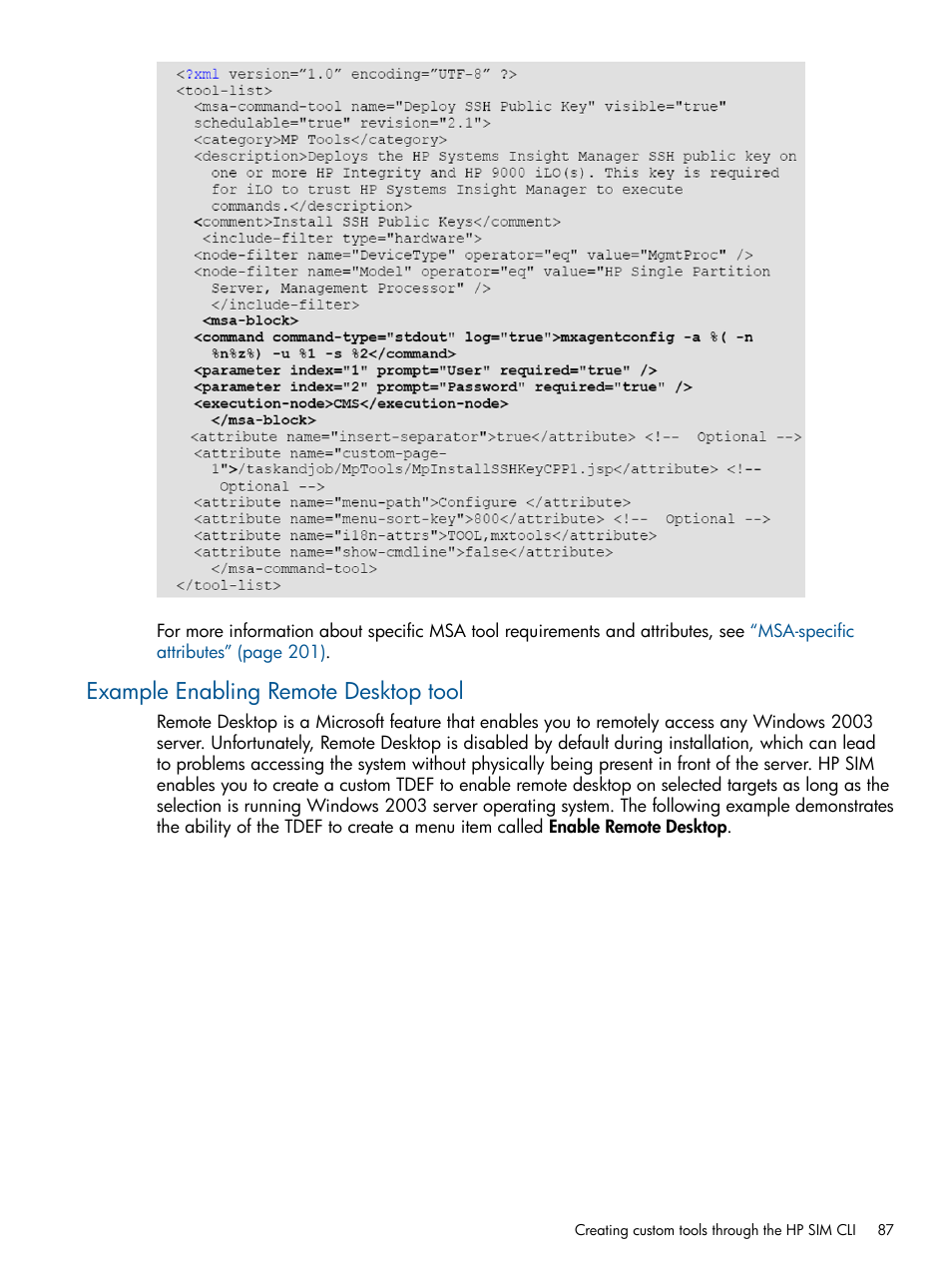 Example enabling remote desktop tool | HP Systems Insight Manager User Manual | Page 87 / 234