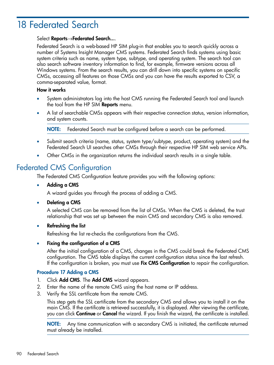 18 federated search, Federated cms configuration | HP Systems Insight Manager User Manual | Page 90 / 234