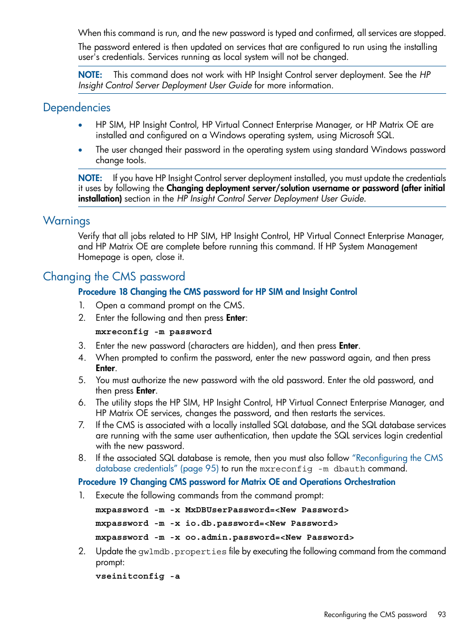 Dependencies, Warnings, Changing the cms password | Dependencies warnings changing the cms password | HP Systems Insight Manager User Manual | Page 93 / 234