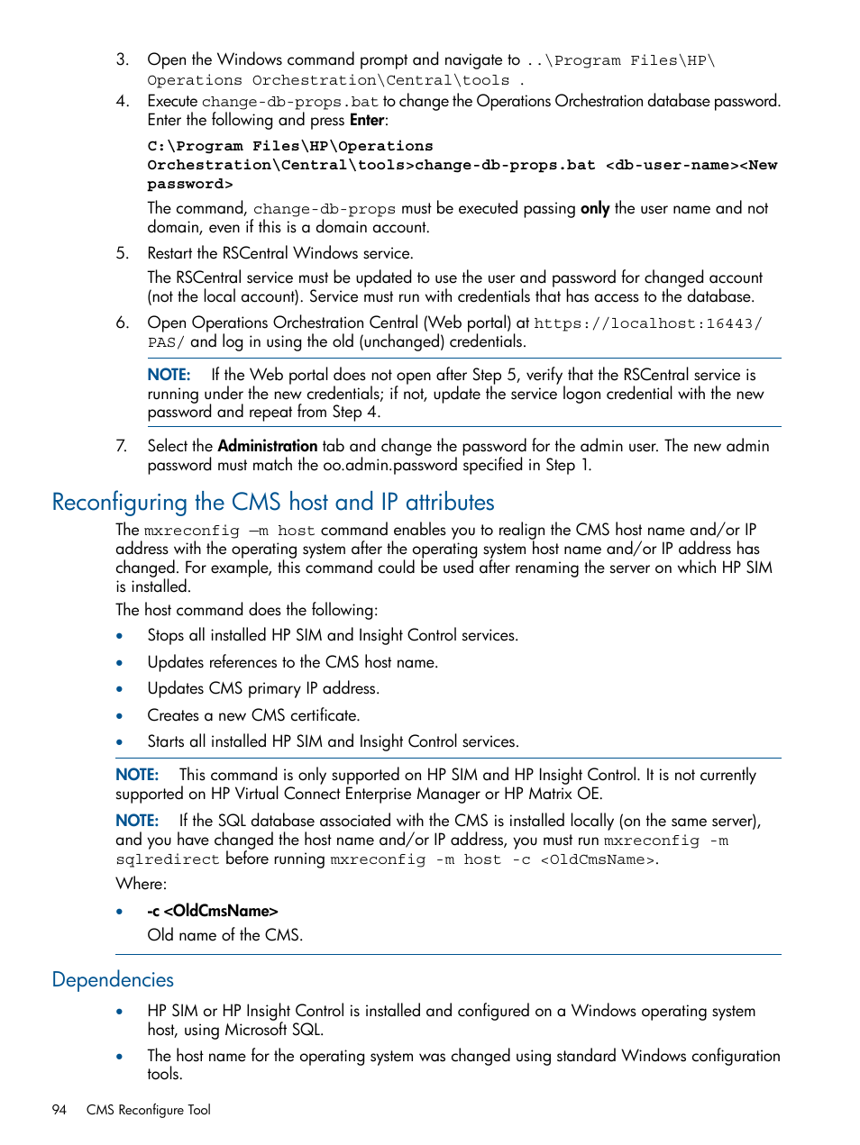 Reconfiguring the cms host and ip attributes, Dependencies | HP Systems Insight Manager User Manual | Page 94 / 234