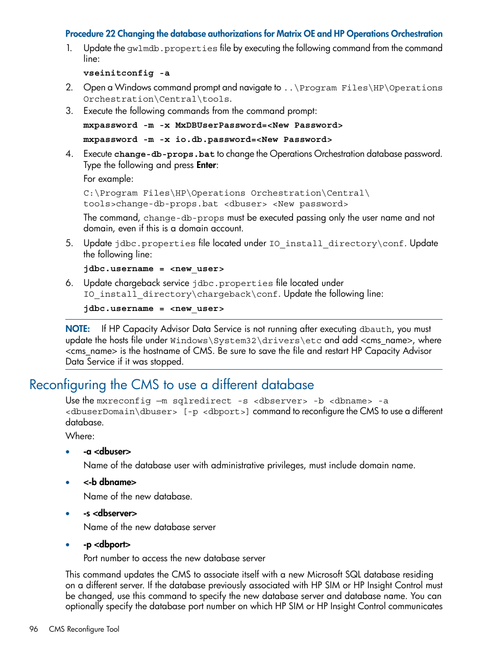 Reconfiguring the cms to use a different database | HP Systems Insight Manager User Manual | Page 96 / 234