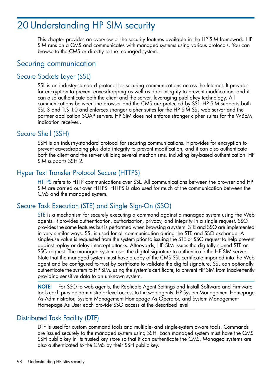 20 understanding hp sim security, Securing communication, Secure sockets layer (ssl) | Secure shell (ssh), Hyper text transfer protocol secure (https), Distributed task facility (dtf) | HP Systems Insight Manager User Manual | Page 98 / 234