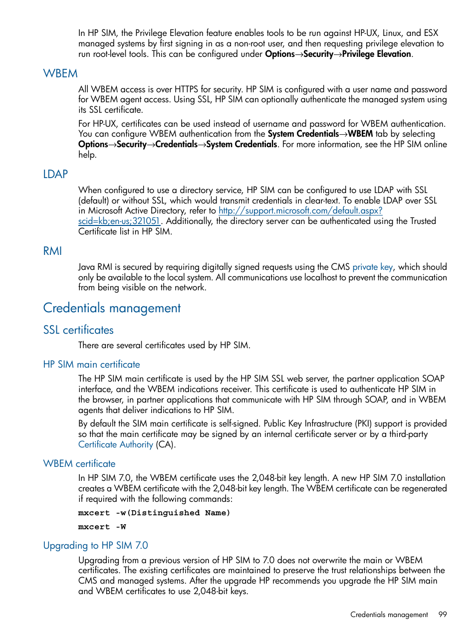 Wbem, Ldap, Credentials management | Ssl certificates, Hp sim main certificate, Wbem certificate, Upgrading to hp sim 7.0, Wbem ldap rmi | HP Systems Insight Manager User Manual | Page 99 / 234