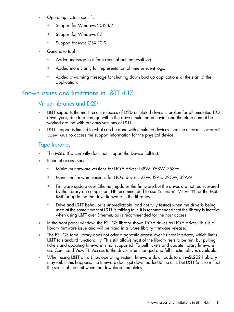 Known issues and limitations in l&tt 4.17, Virtual libraries and d2d, Tape libraries | HP Library and Tape Tools User Manual | Page 11 / 182