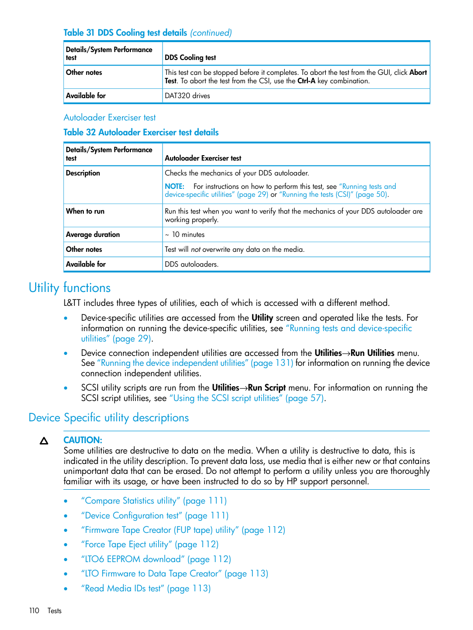 Autoloader exerciser test, Utility functions, Device specific utility descriptions | HP Library and Tape Tools User Manual | Page 110 / 182