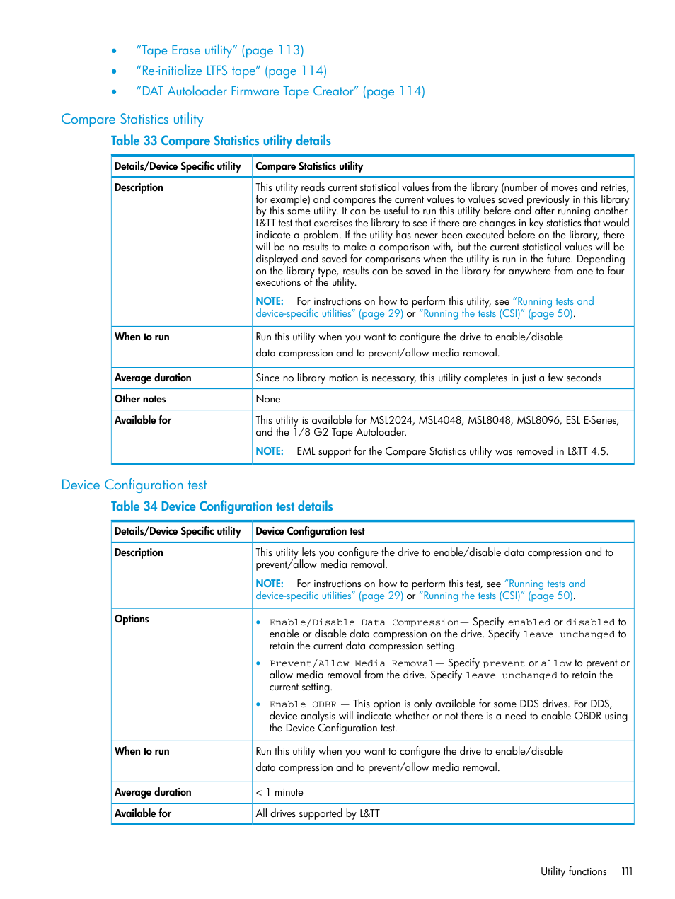 Compare statistics utility, Device configuration test | HP Library and Tape Tools User Manual | Page 111 / 182
