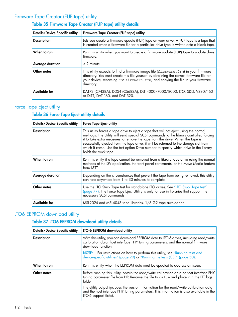 Firmware tape creator (fup tape) utility, Force tape eject utility, Lto6 eeprom download utility | HP Library and Tape Tools User Manual | Page 112 / 182