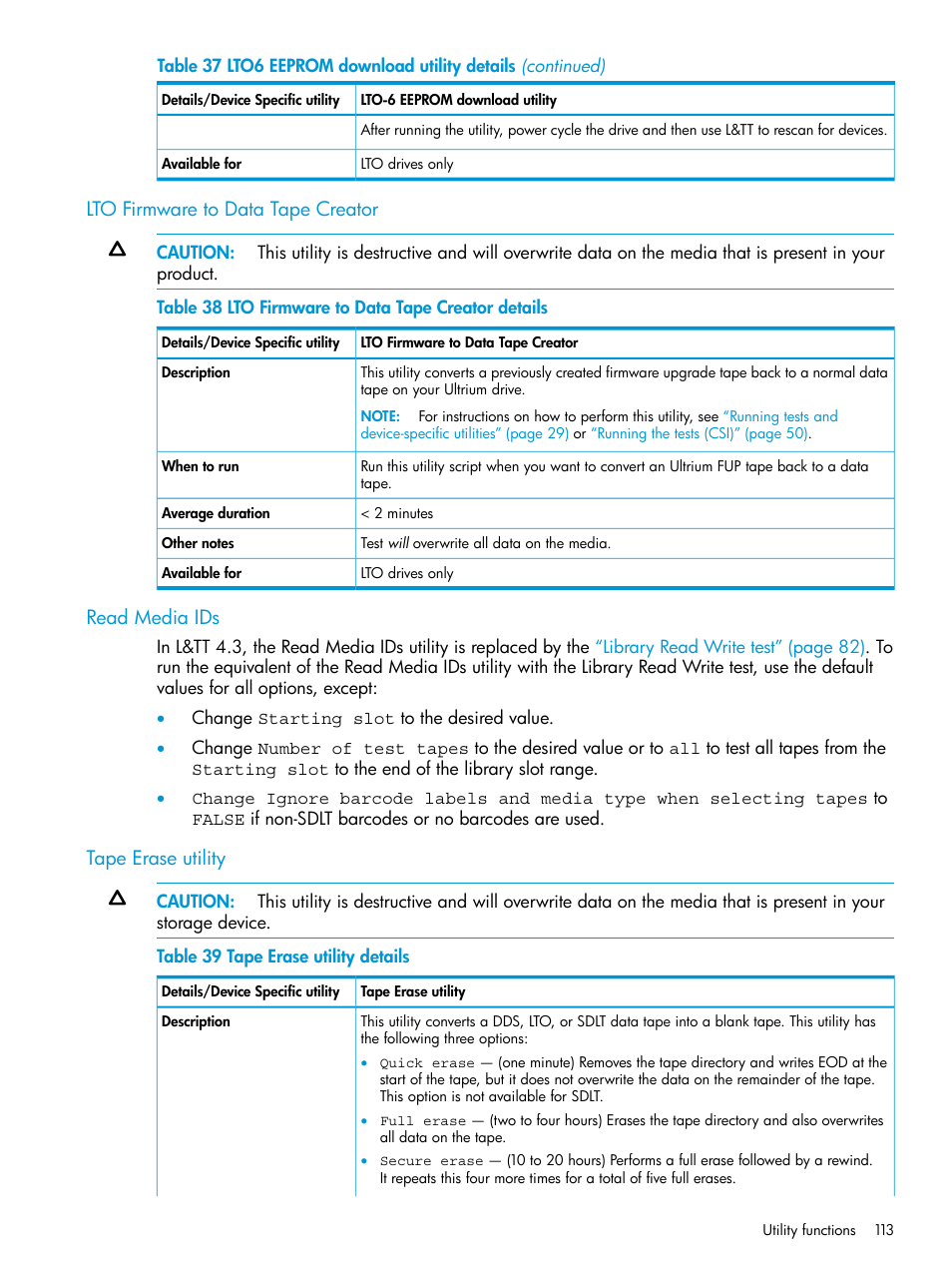 Lto firmware to data tape creator, Read media ids, Tape erase utility | HP Library and Tape Tools User Manual | Page 113 / 182