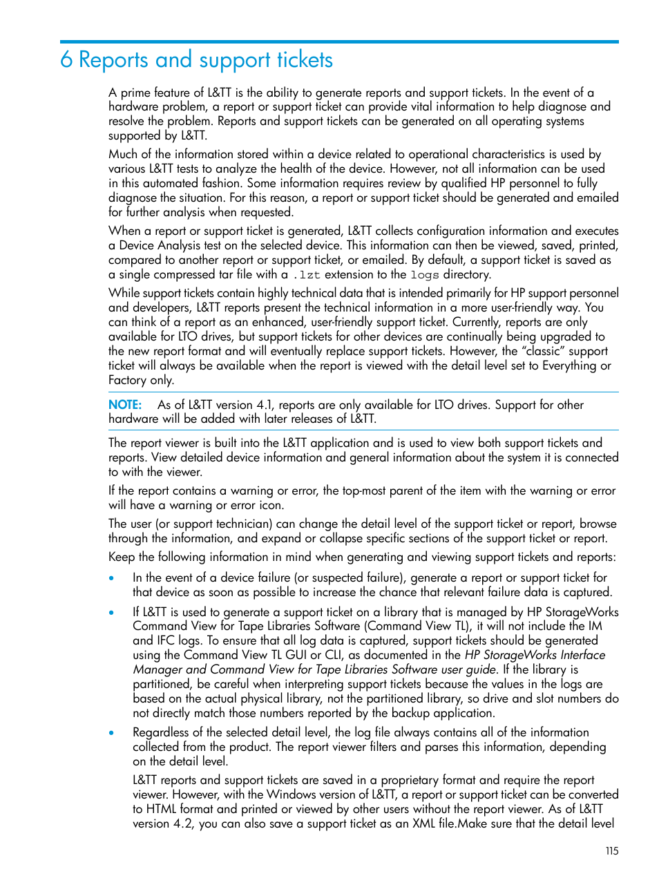 6 reports and support tickets | HP Library and Tape Tools User Manual | Page 115 / 182