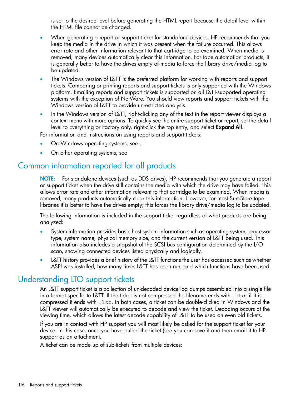 Common information reported for all products, Understanding lto support tickets | HP Library and Tape Tools User Manual | Page 116 / 182