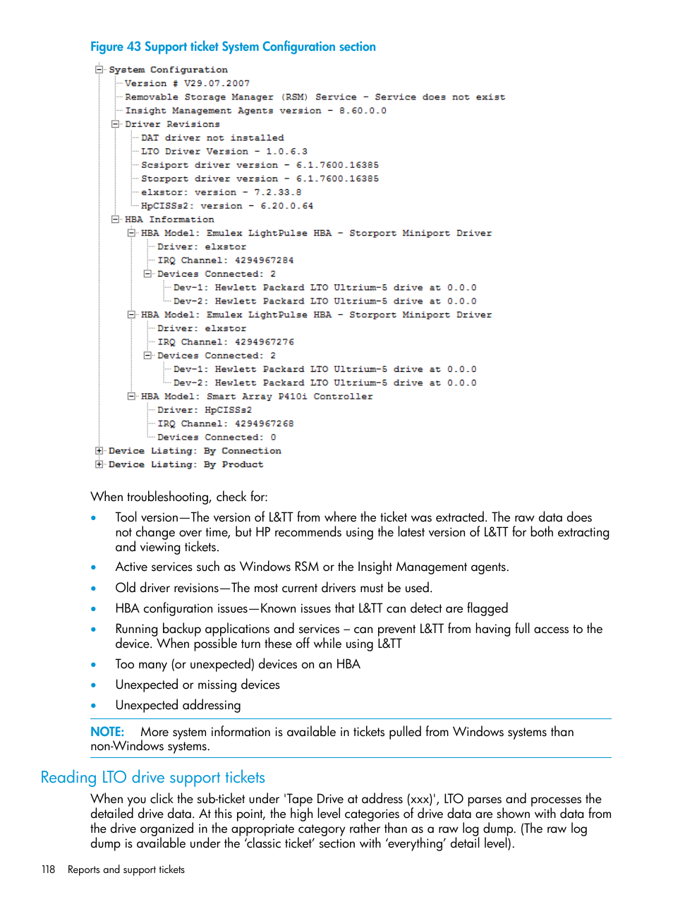 Reading lto drive support tickets | HP Library and Tape Tools User Manual | Page 118 / 182