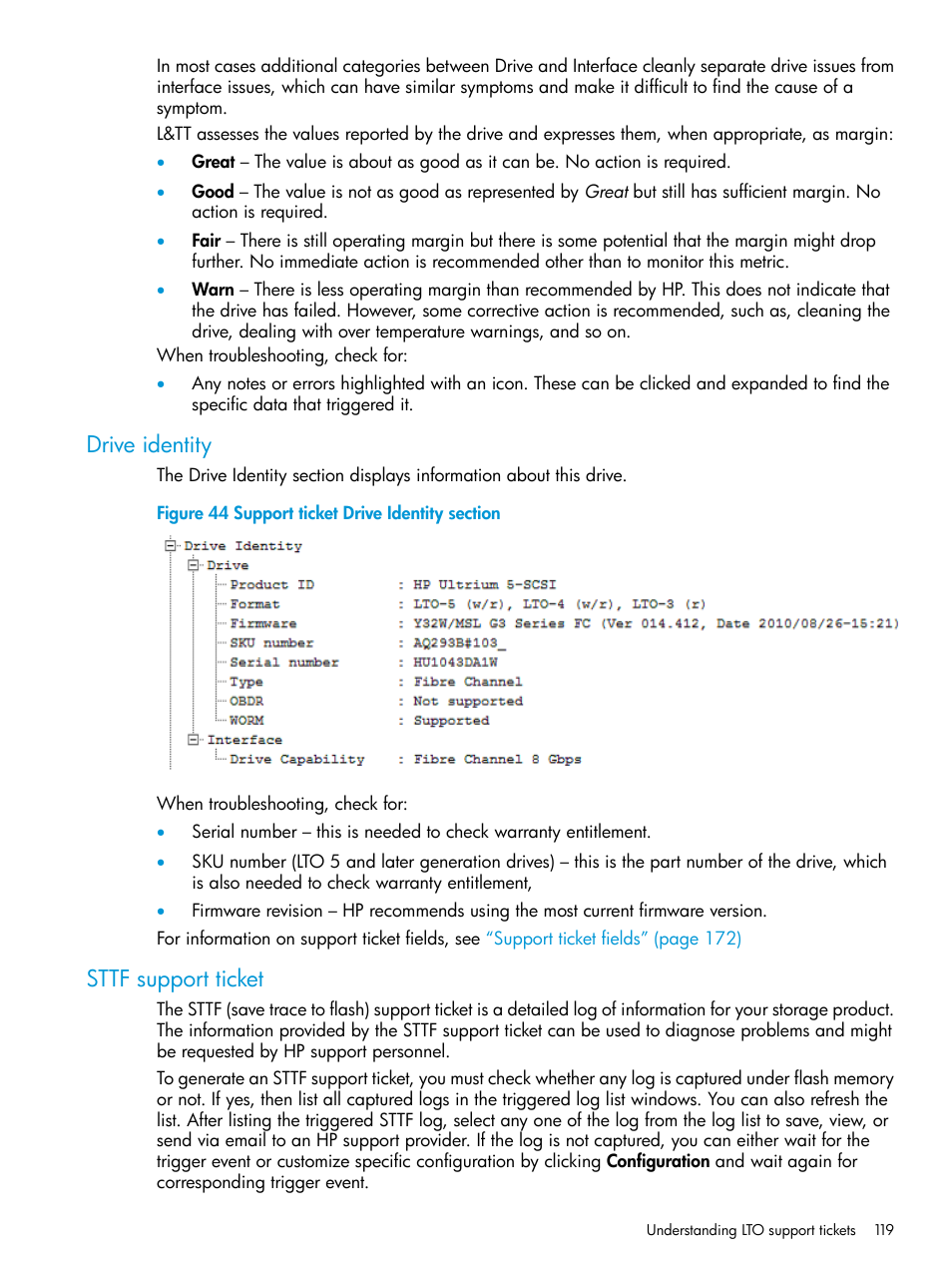 Drive identity, Sttf support ticket, Drive identity sttf support ticket | HP Library and Tape Tools User Manual | Page 119 / 182