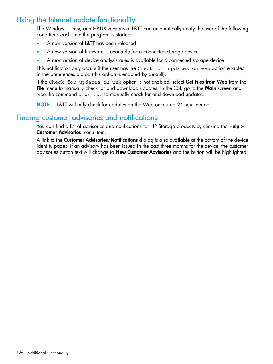 Using the internet update functionality, Finding customer advisories and notifications, Using the internet update | HP Library and Tape Tools User Manual | Page 126 / 182