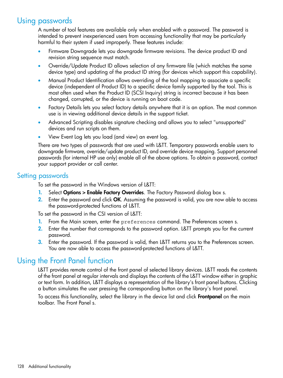 Using passwords, Setting passwords, Using the front panel function | HP Library and Tape Tools User Manual | Page 128 / 182