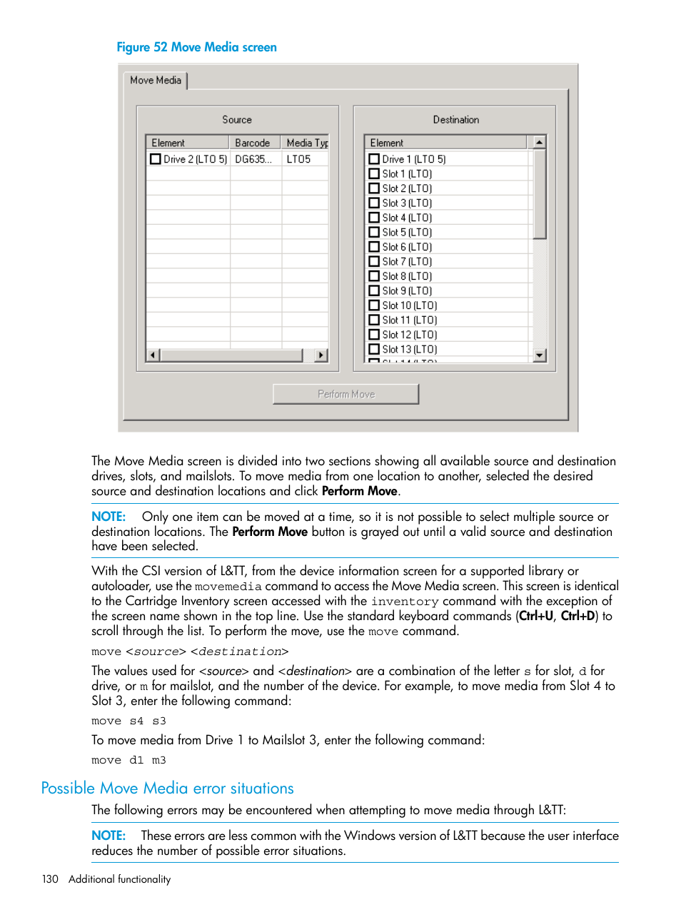 Possible move media error situations | HP Library and Tape Tools User Manual | Page 130 / 182