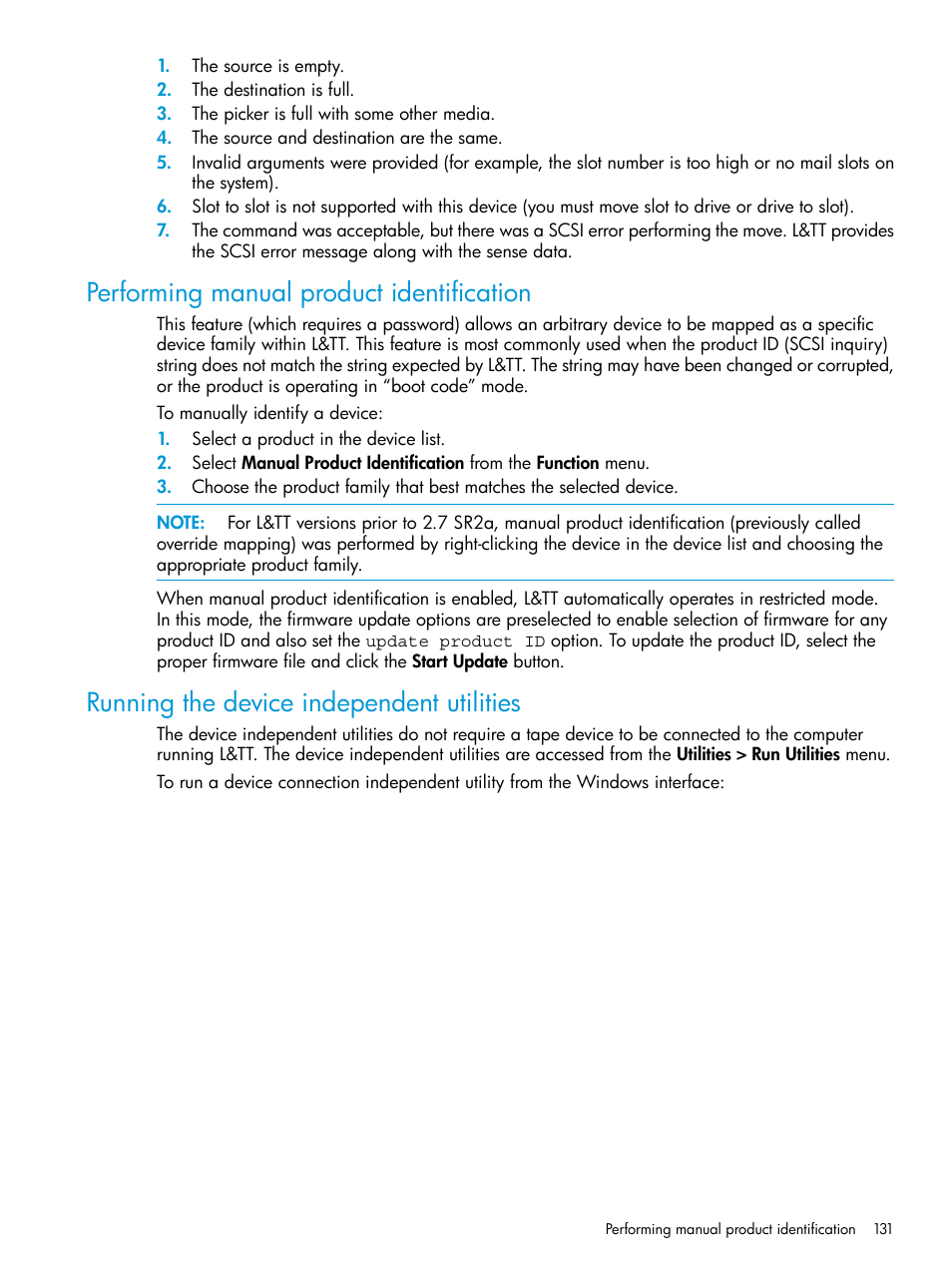 Performing manual product identification, Running the device independent utilities | HP Library and Tape Tools User Manual | Page 131 / 182